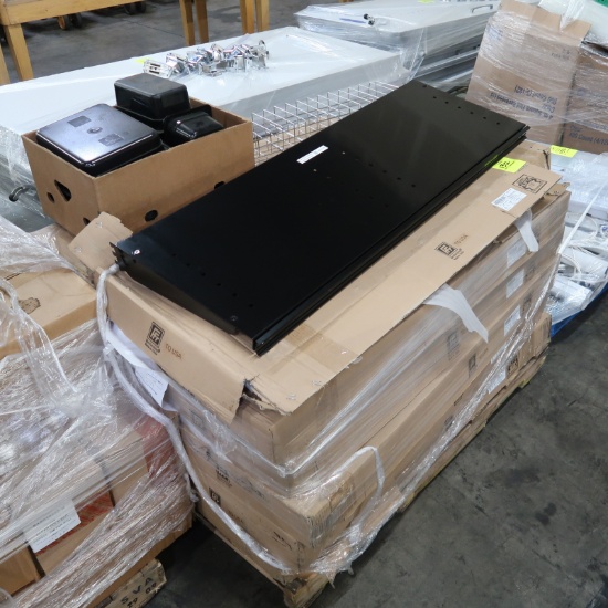 pallet of misc: NEW 4' aluminum shelves, plastic trays, etc.