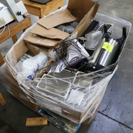 pallet of misc: stainless pans, coffee server, etc.
