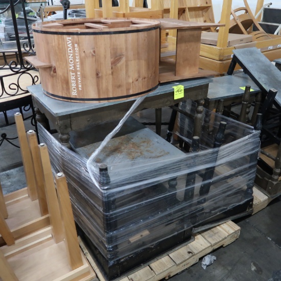 pallet of wooden tables w/ galvanized tops