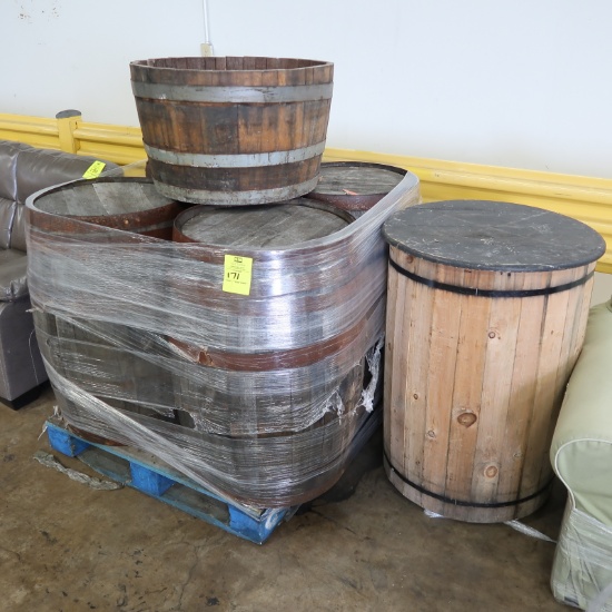 4) oak barrels w/ 1/2 barrel, plus 1) pine barrel