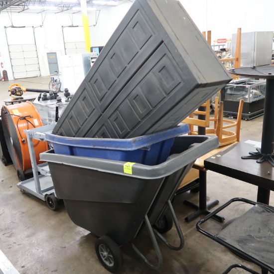 2) waste collection tubs & plastic supply cabinet
