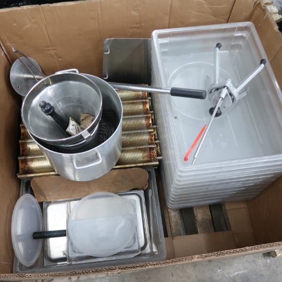crate of misc kitchen equipment, pans & tubs