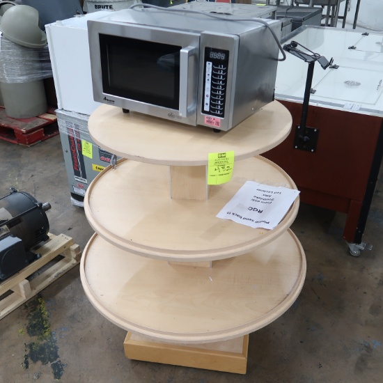 3-tier round wooden merchandiser w/ Amana microwave