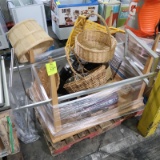 pallet of misc: wooden table, wicker baskets, glass jars, etc