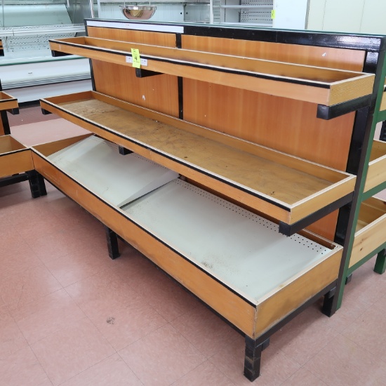 produce merchandiser, wooden shelves w/ steel frame