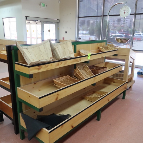 produce merchandiser, wooden shelves w/ steel frame