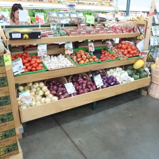 three-tiered dry produce merchandising racks