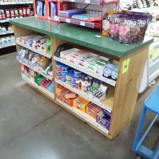 wooden merchandising counter w/ shelves