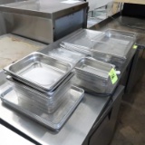 assortment of stainless & plastic pans w/ lids, half size sheet pans