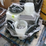 pallet of misc: trash can wheels, plastic tubs, etc