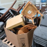 crate of misc chairs, table, torpedo waste can, etc