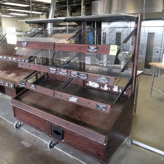 bakery wooden merchandising rack, on casters