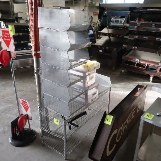 wire shelving unit w/ wire baskets on top