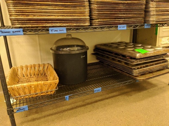 Assorted sheet pans, ice bucket, whicker basket