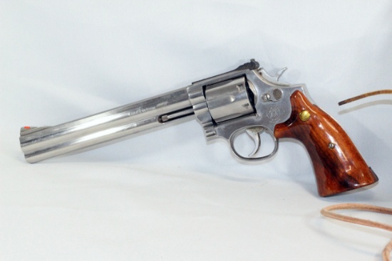 S & W .357 REVOLVER 8" BBL, CHROME WITH WOOD GRIP S/N BNW0813 WITH LEATHER WESTERN STYLE HOLSTER