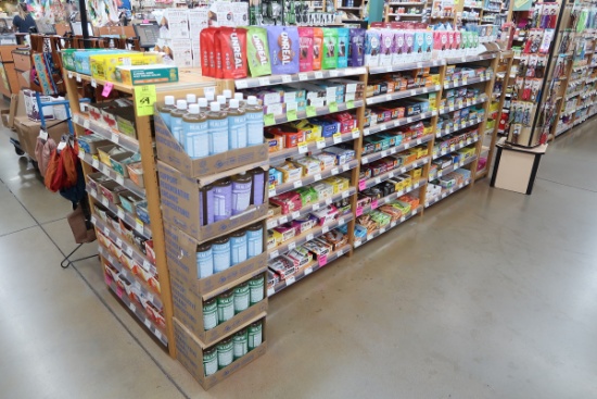 wooden gondola shelving, 3) ~36" sections w/ 2) endcaps