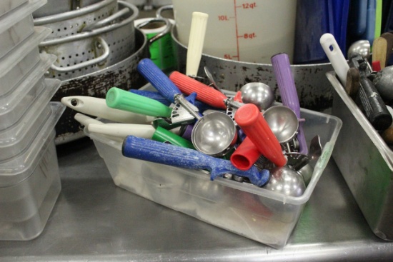 Plastic Bin W/ Assorted Kitchen Utensils