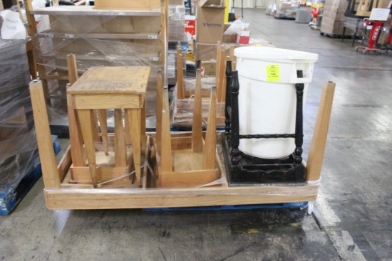 Assorted Wooden Tables And Trash Can