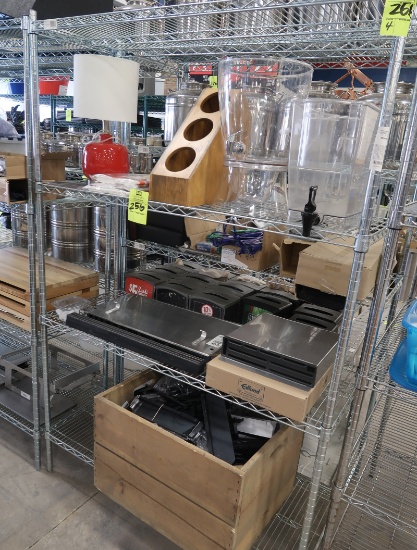 misc. shelf: 3) knife holders, table lamp, drink dispensers,
