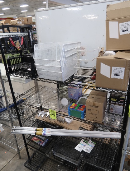 rack of office misc., includes wire shelving unit, ~48" x 18" x 74"h
