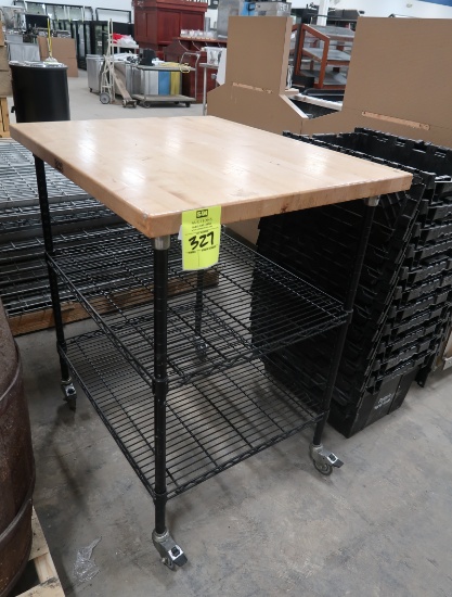 maple top wire shelving unit on casters