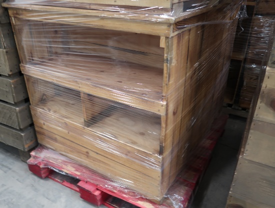 wooden merchandising tables w/ shelves one side