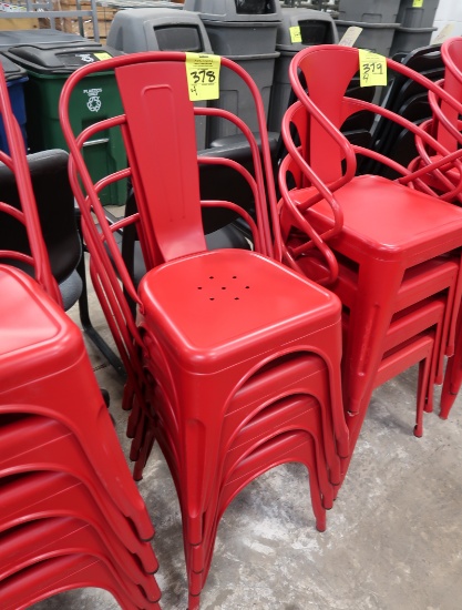 stackable chairs, metal, red