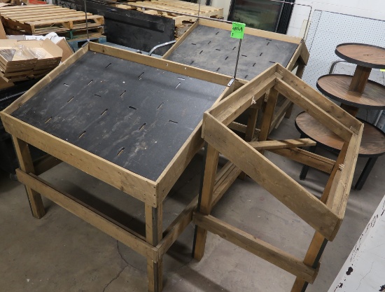 dry produce angled tables, 2) double-sided & 1) single-sided
