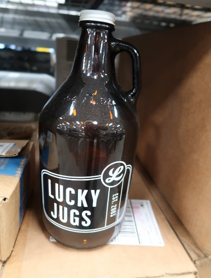 Lucky's 64 oz glass growlers & lids, approx 60