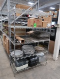 wire shelving unit w/ pizza pans, cooling racks, sprinkler head,