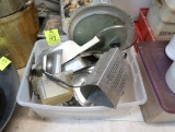 tub of assorted pans, lids, strainers, etc