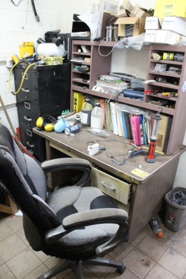 4' Desk, Desk Contents, 3 Office Chairs, File Cabinet