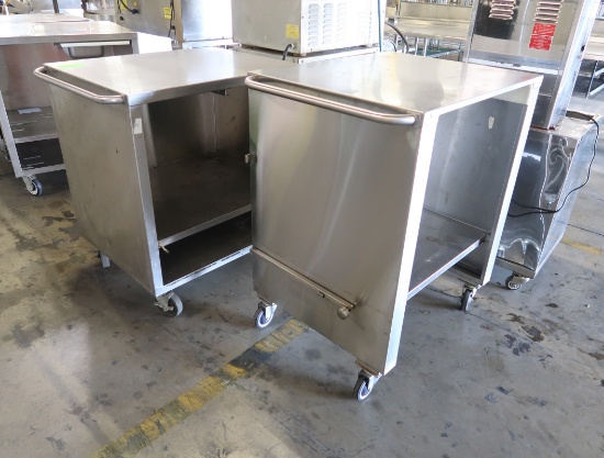 stainless demo cart, 1) w/ fold-up shelf, 1) w/ fixed shelf