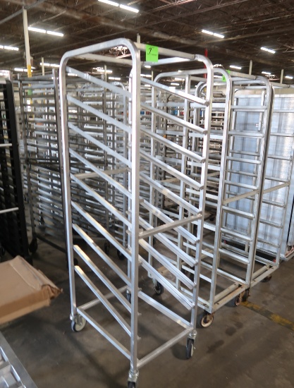 aluminum tray rack, w/ slanted shelves, on casters