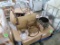pallet of floral dept misc: grapevine wreaths, glass vases, basket stands, baskets, etc