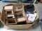 crate of misc: stainless bathroom tissue dispensers, plastic buckets, plastic sheeting,