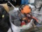 crate of misc: shop vac, vacuums, wire shelving & poles, cake pans, etc
