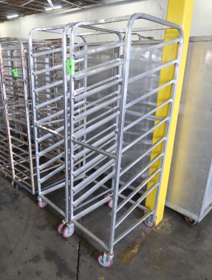 aluminum tray rack, w/ slanted shelves, on casters