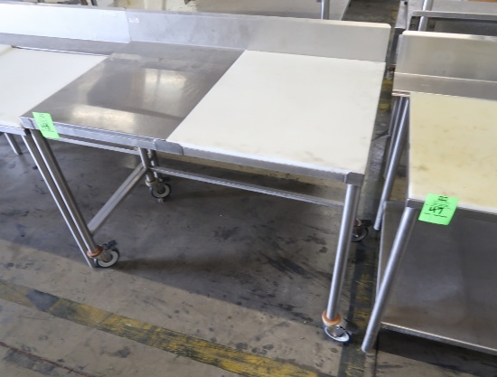 half stainless/half polytop table w/ backsplash, on casters