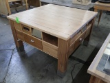 wooden table w/ solid oak top, drawers & cubbies on sides