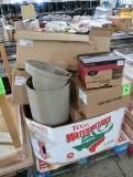 pallet of misc: hand sanitizer, roll towell dispenser, torpedo trash cans, lobby dust pans, etc