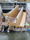pallet of wooden merchandisers, 2-shelf, low, and oven transport belt(?)