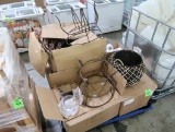 pallet of floral dept misc: grapevine wreaths, glass vases, basket stands, baskets, etc