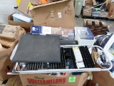 crate of misc: hand sanitizer, step stool, ingredients bin, etc