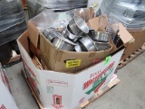 crate of misc: aluminum cake pans, bulk containers, wicker basket, etc