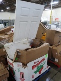 crate of misc: stainless pans, liquer security caps, Quartet locking document board,