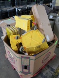 pallet of mop buckets, refrigerant containers, lobby dust pans, etc