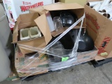 pallet of stainless pans, Carlisle plastic containers, wok, plastic pitchers, etc