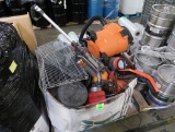 crate of misc: shop vac, vacuums, wire shelving & poles, cake pans, etc