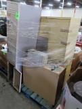pallet of misc: 5-drawer lateral file cabinet, employee lockers, wooden cabinet